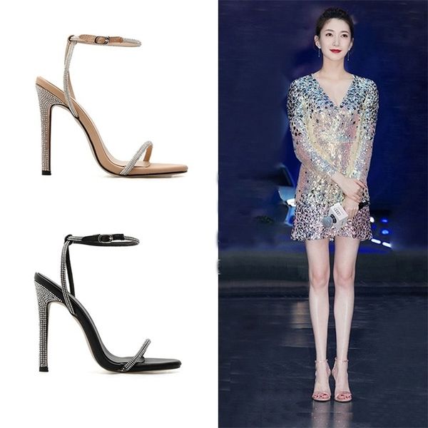 

2021 summer new style of diamond water high open-toed thin heels a word with women's sandals p wedding shoes igsq, Black