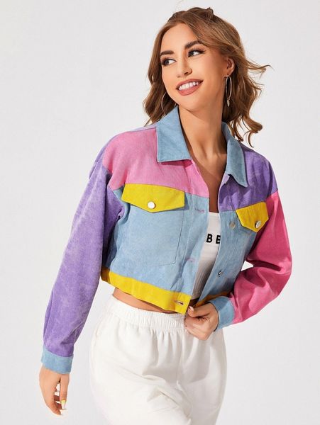 

colorblock cord crop jacket 33ff#, Black;brown