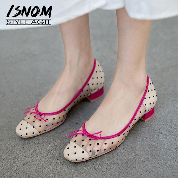 

isnom mesh pumps women shallow summer pumps butterfly knot low heels shoes female square toe polka dot shoes ladies 2020 new, Black