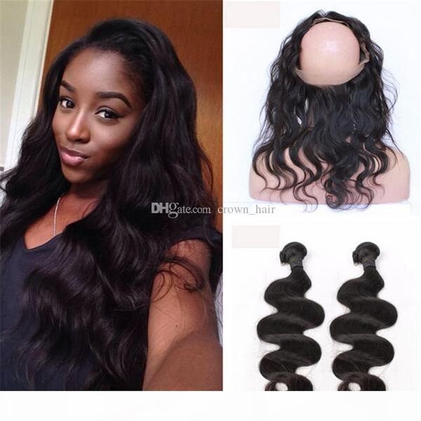 

new arrival 360 lace frontal with virgin bundles 9a brazilian hair body wave with 360 lace band frontal with 3 bundles, Black