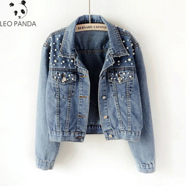 

women denim jacket 2020 spring women single breasted basic coats pearls beading kpop jeans coat loose long sleeve jackets hf435, Black;brown