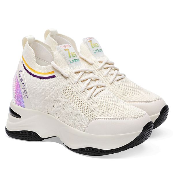 

designer breathable elevator height increasing shoes fashion women sequins fly woven casual thick heel outdoor shoes in 35-40, Black;white