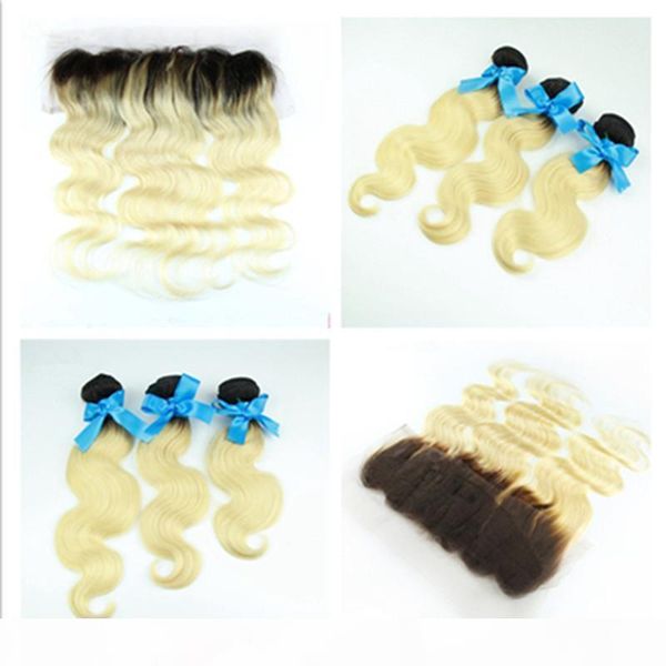 

virgin brazilian blonde ombre hair with 13x4 lace frontal closure 4pcs lot body wave #1b 613 dark roots two tone 3bundles with frontals, Black
