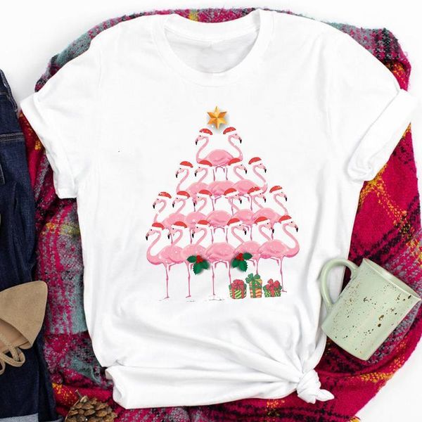 

tees для женщин леди мультфильм фламинго смешной подарок новый год рождественский рождественский печать футболку с верхом графической женско, White