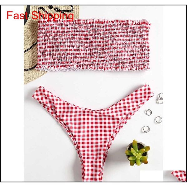 

azulina strapless checkered shirred bikini 2018 smocked bandeau bikini thong bikini swimwear women swimsuit biquini femme v3dhe