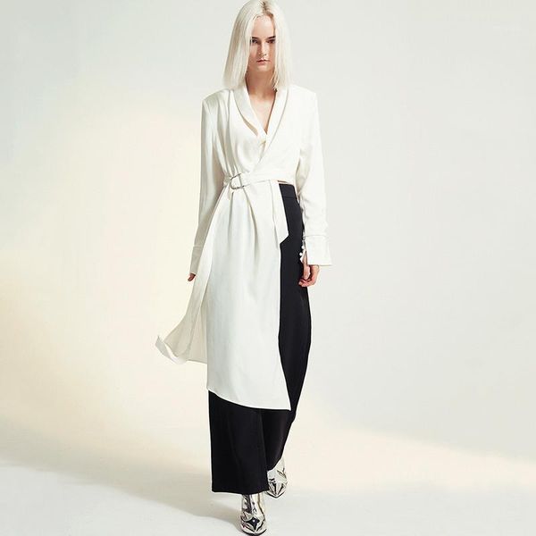 

seebeautiful new fashion 2020 autumn winter notched collar long sleeve asymmetrical loose coat single suit women a6161, White;black
