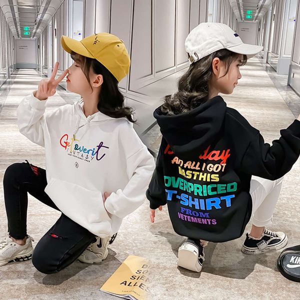 

girls' hooded embroidered sweater autumn 2020 children's korean loose fitting hoodie, Black