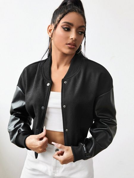 

drop shoulder pu leather sleeve bomber jacket c6ma#, Black;brown