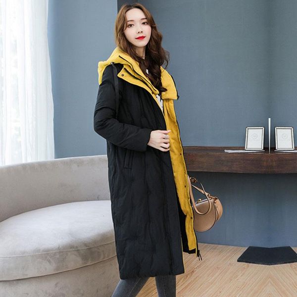 

elegant long detachable hooded winter jacket women solid color female casual parka coat, Black