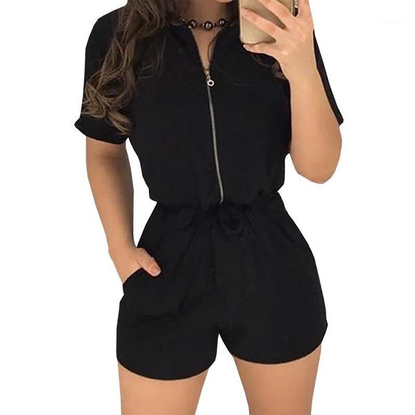 

zipper short sleeve stitching shorts bodysuit playsuit casual solid color women jumpsuit shorts rompers1, Black;white
