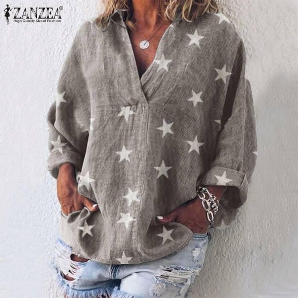 

zanzea 2020 fashion women and blouses cotton star print shirt casual long sleeve tunic blusas chemiser mujer plus size, White