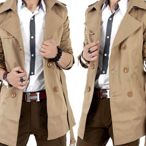 

autumn winter men coat long sleeve lapel collar double-breasted slim solid color jacket coats business long jacket windbreaker1, Tan;black
