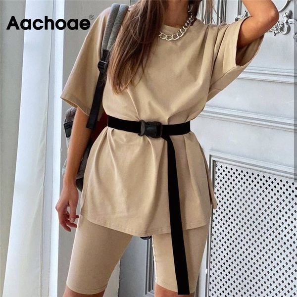 

aachoae casual women's two piece suit with belt solid home loose sports fashion leisure bicycles shorts set outfit summer t200622, Gray