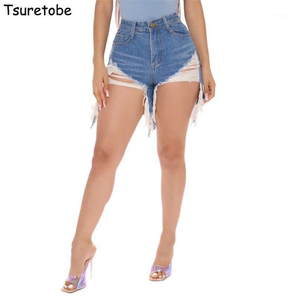 

tsuretobe ripped jeans shorts women plus size tassel denim shorts cut up high waist distressed summer clothes1, Blue