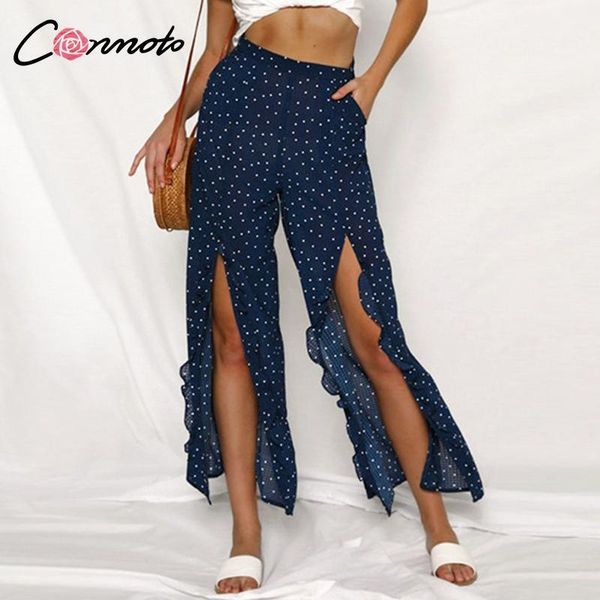 

conmoto transparent chiffon women pants polka dots femme trousers ruffles split high waist casual pants summer 201911, Black;white