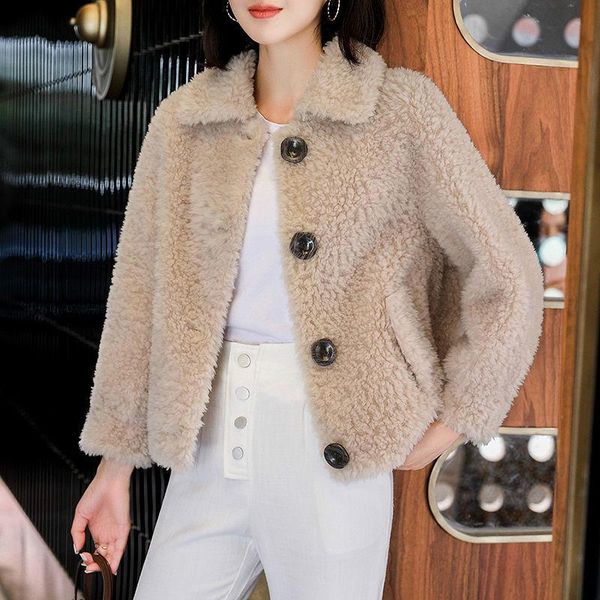 

women's fur & faux 2021 autumn winter women elegant solid real lambswool coats female thick warm soft fleece natural woolen jacket z229, Black