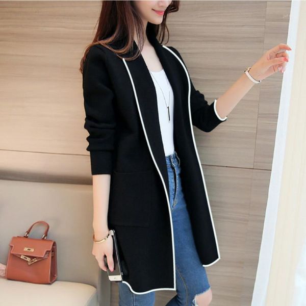 

women's autumn windbreaker 2019 new korean long-sleeved lapel cardigan windbreaker fashion casual solid color long coat1, Tan;black