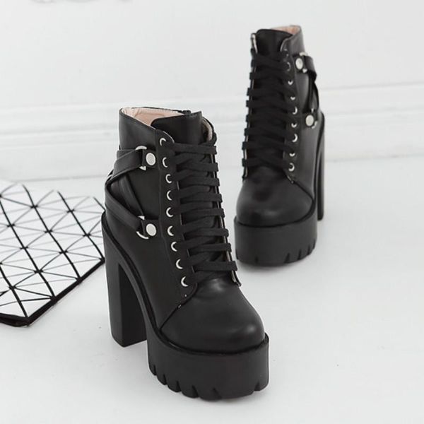 

2020 autumn and winter platform thick heel cross back ankle lace up boots for ladies fashion black boots -5722