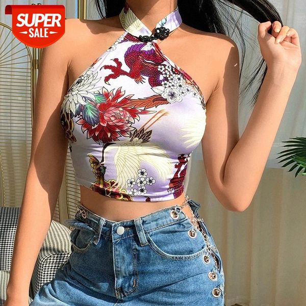 

2020 Women Halter Tank Dragon Print Chinese Knot Irregular Cheongsam Style Sexy Slim Blouse Fit Sleeveless Summer Clothing #kH1o, White
