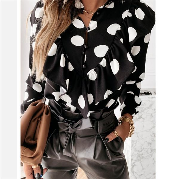 

women deep v-neck ruffles shirt blouse 2021 dots print blouse casual long sleeve loose long sleeve shirts, White