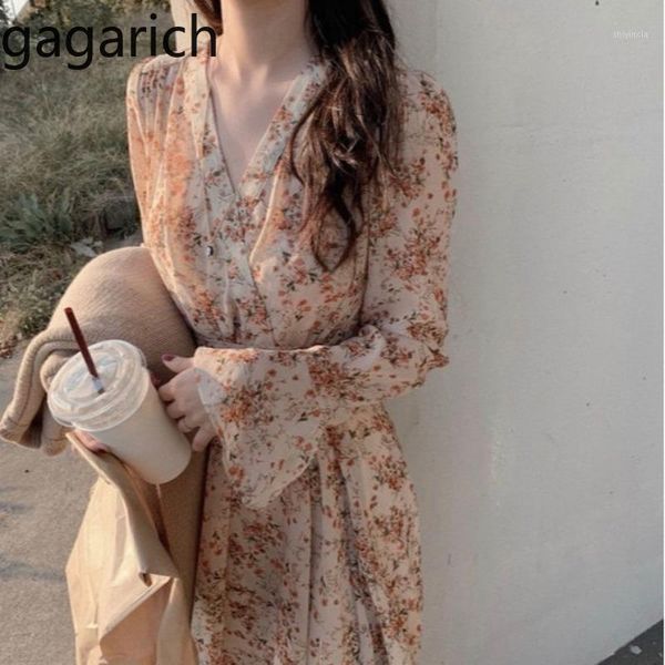 

gagarich midi dress women new style korean retro floral print elegant v-neck slim chiffon spring sweet ladies dresses vestidos1, Black;gray