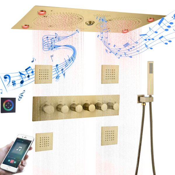 Set di soffioni termostatiche in oro spazzolato di lusso 620*320 mm Bagno a LED con musica Dispositiva Ugello della doccia Massage