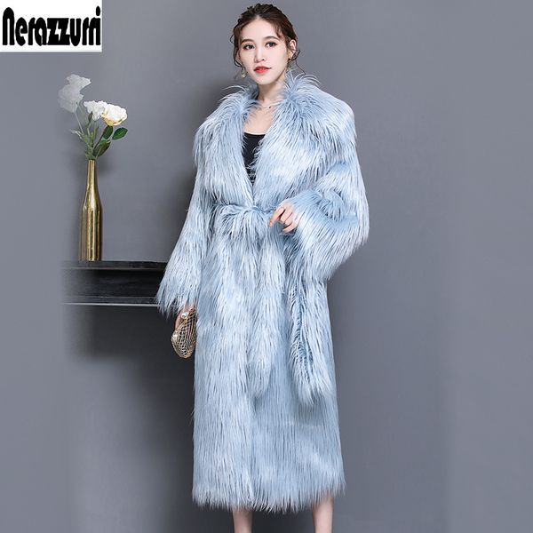 

nerazzurri winter faux fur coat women extra long hairy thicken warm belt fake fur overcoat plus size shaggy outwear 5xl 6xl 7xl 201104, Black