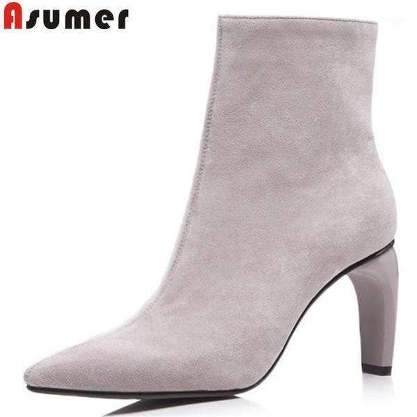 

boots asumer 2021 fashion autumn winter women pointed toe zip ankle high heels ladies suede leather black1, Black