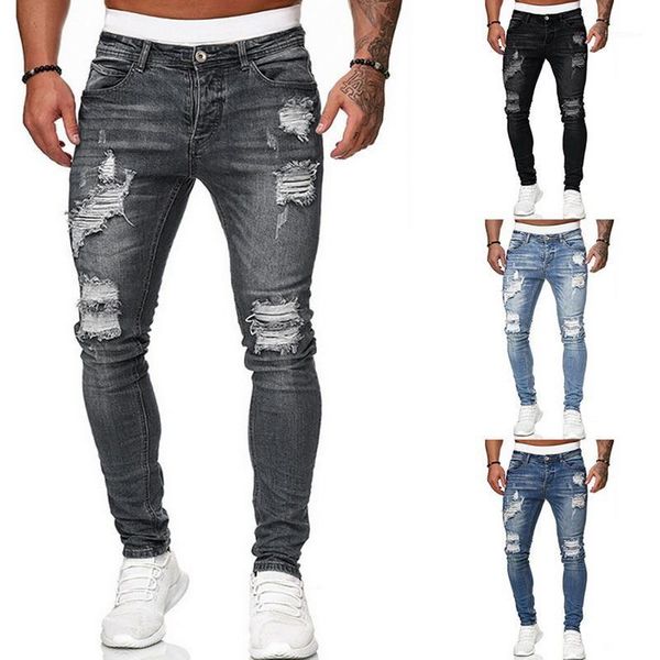 

men's skinny stretch denim pants distressed ripped freyed slim fit fashion the locomotive jeans trousers menpencil pants1, Blue