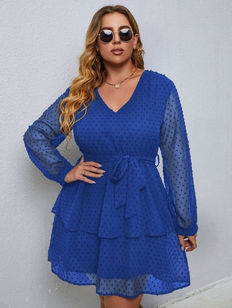 

plus swiss dot bishop sleeve layer hem belted chiffon dress i374#, Black