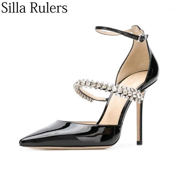 

2021 new spring genuine leather leathers thin heel pumps women crystal ankle strap pointed toe shallow shoes woman party shoes1, Black