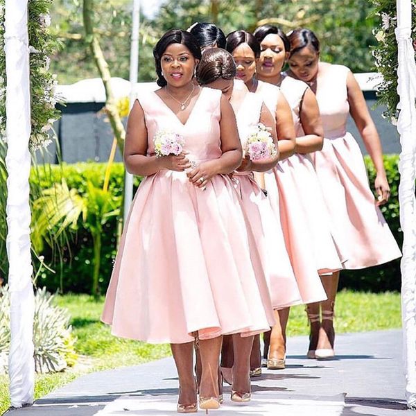 

blush pink tea length bridesmaid dress v neck sleeveless simple satin short wedding guest party dress robe de soiree, White;pink