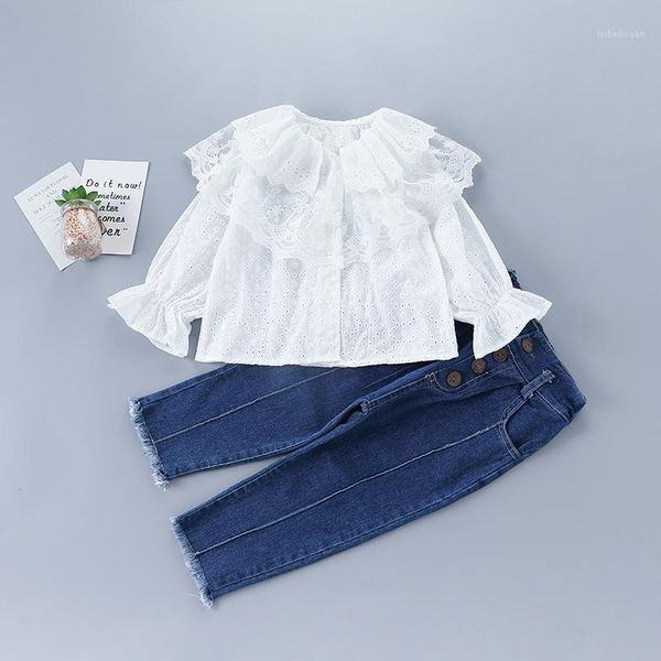 

2-7 years girl clothing set 2020 new autumn fashion lace floral solid shirt + denim pant kid children clothing1, White