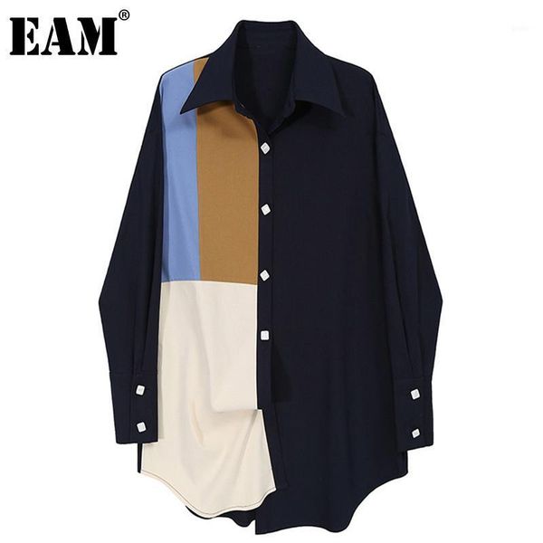 

eam] women contrast color split big size blouse new lapel long sleeve loose fit shirt fashion tide spring autumn 2020 1db9021, White