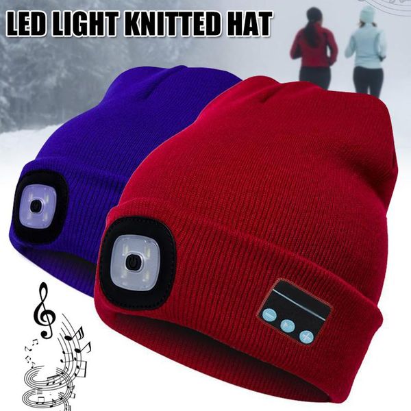 

bluetooth beanie hat with led headlight lighted beanie cap rechargeable with wireless bluetooth winter warm knit hat hsj, Blue;gray