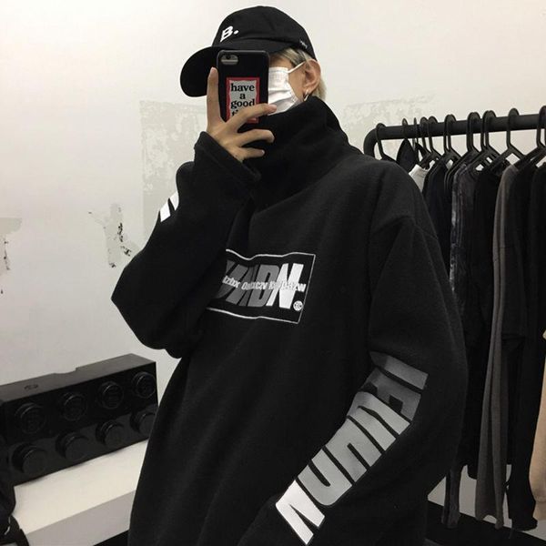 

turtleneck sweater men's retro printed letter polar fleece thicken warm pullover long sleeve loose male casual winter tide, White;black