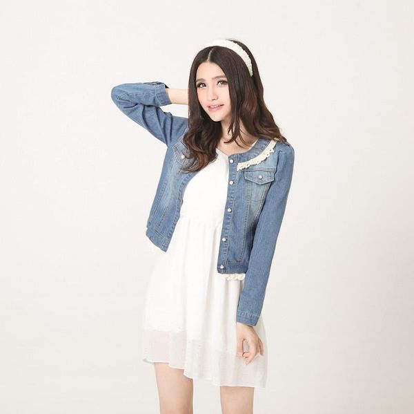 

wholesale- denim jacket lace jeans coat women o-neck slim long sleeve girls' overcoat all-match clothing button cowboy wear short jacke, Black;brown