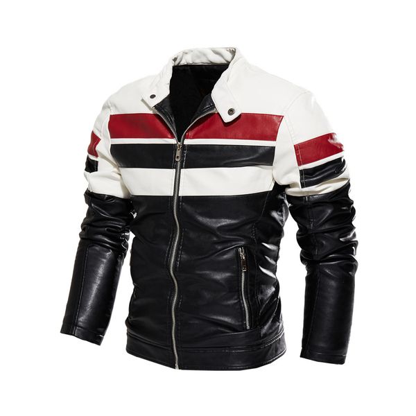

pu leather jacket men winter fleece motorcycle coat male stand collar casual windbreaker ropa de hombre slim patchwork coat c1212, Black