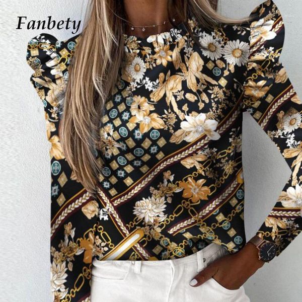 

autumn elegant lily print ruffle ladies blouse long sleeve o neck women slim pullover streetwear plus size soft shirt blusa1, White