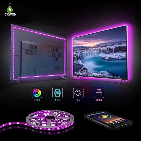 Luzes da tira do diodo emissor de luz 1M 2M 5m Música Bluetooth USB usb tiras de TV 5050 DC 5 V Neon Ribbon Background Iluminação com controlador