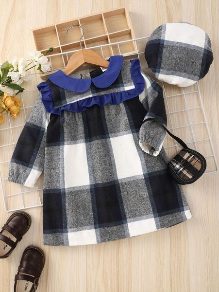

toddler girls plaid frill trim peter pan collar dress she, Red;yellow