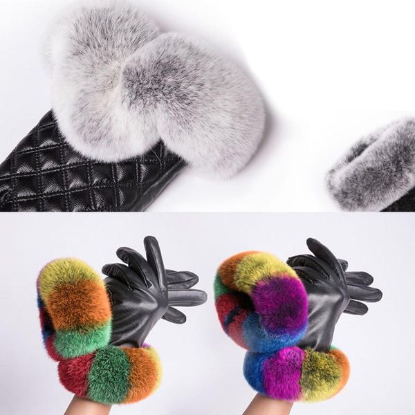 

women winter artificial leather touch screen gloves cute furry wrist thicken plush lining warm texting driving mittens, Blue;gray