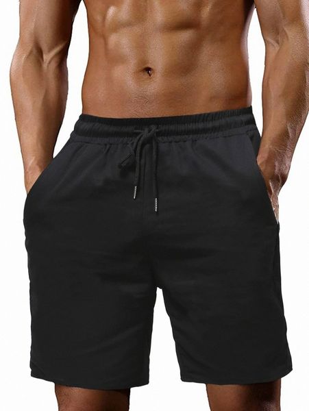 

men solid drawstring waist shorts c7em#, Black