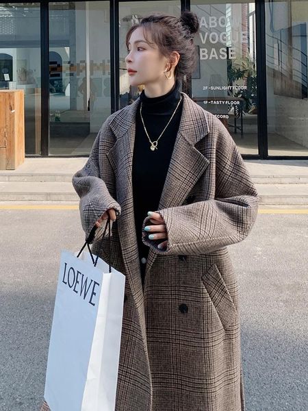 

women's wool & blends 2021 winter long korean plaid woolen coat casual fashion female clothes thick warm high-quality blend jacket wome, Black