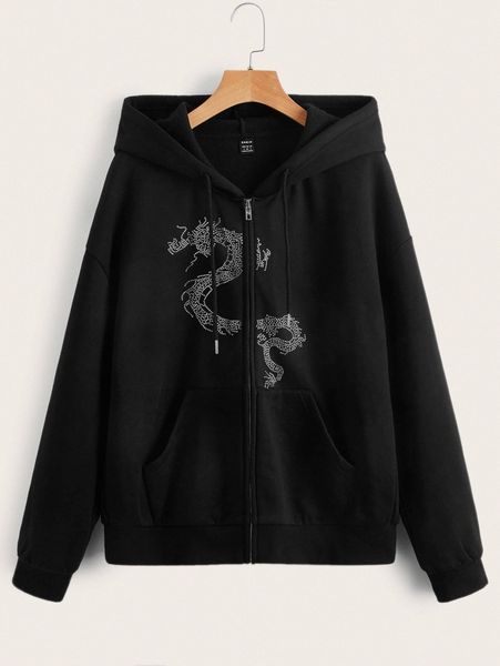 

zip up dragon graphic drawstring hoodie j10d#, White;black