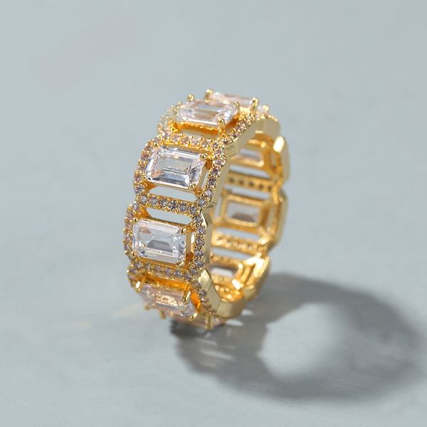 

european and american hip-hop ins style ring personality hollowed-out rectangular zircon index finger ring tail ring ornaments, Golden;silver