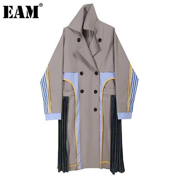 

women's trench coats [eam] women gray striped pleated long lapel sleeve loose fit windbreaker fashion tide spring autumn 2021 1dd0177, Tan;black
