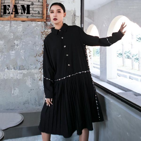 

eam] women black hem pleated stitch big size shirt dress new lapel long sleeve loose fit fashion tide spring autumn 2020 1s1211, Black;gray