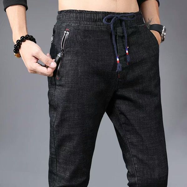 

men's jeans velvet thickened elastic waist korean fashion small feet teenagers slim stretch casual pants men, Blue