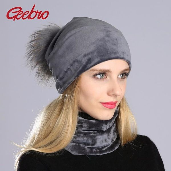 

beanie/skull caps geebro winter women's pom beanie hat and neck scarf casual warm velvet polyester beanies with colorful raccoon, Blue;gray
